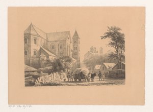 Storfe med vogn foran kirken fra 1000-tallet Peterskirken av Cornelis Springer