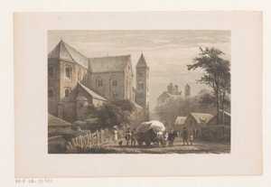 Storfe med vogn foran kirken fra 1000-tallet Peterskirken av Cornelis Springer