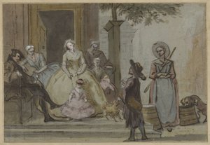 Hurdy-gurdy-spiller for en lyttende familie på dørstokken i rekkehus av Cornelis Troost