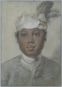 Hodet til en svart ung mann med fjærkledd turban