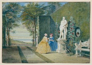 Parkutsikt med to unge damer ved siden av en statue av Herkules av Cornelis Troost