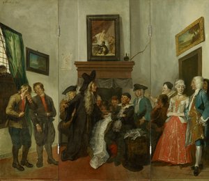 Triptyk som fremstiller bonderetten fra lystspillet «Beslikte Swaantje» av Cornelis Troost