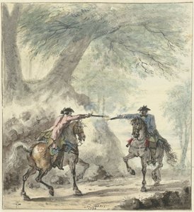 To ryttere møtes på en skogsvei og skyter mot hverandre av Cornelis Troost