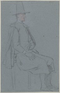 Sittende kvakksalver, profil til høyre, en hånd på låret av Cornelis Troost