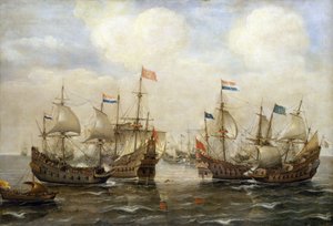 En sammenstøt mellom spanjolene og nederlenderne, rundt 1630, hver båt har sitt eget flagg, og til venstre bærer en båt flagget til de nederlandske generalstatene av Cornelis Verbeeck