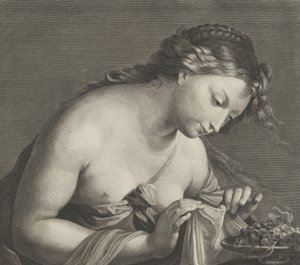 Erigone lener seg over et fat med druer og løfter et tøystykke med begge hender,..., ca. 1700.