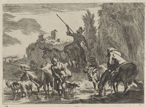 Gjeter med storfe vasser gjennom en bekk Landskap (serietittel) av Cornelis Visscher (II)