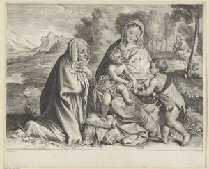 Landskap med den hellige familie, døperen Johannes og Elizabeth av Cornelis Visscher (II)