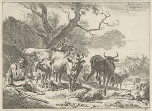 Hvilende gammel gjeter med flokken sin Landskap (serietittel) av Cornelis Visscher (II)
