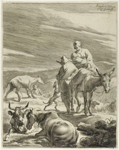 En mor og et svøpt barn som rir på et esel, plate 4 fra Fire landskap av Cornelis Visscher
