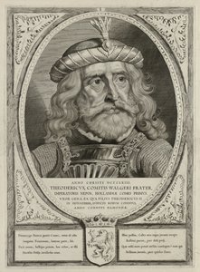 Dirk I, greve av Holland, i rustning. Rammen er dekorert med Nederlands våpenskjold. NL-HlmNHA 1477 53012894