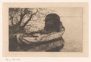 Fortøyd robåt med kalesje av Cornelis Vreedenburgh (signed by artist)