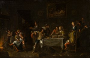 Mine damer og herrer fester rundt et bord, ca. 1612-67 (olje, lerret og papir) av Cornelis de (attr. to) Wael