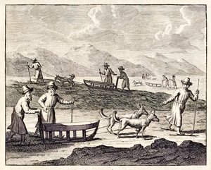 Russere som reiser med hundesleder i Sibir.», fra ‘Voyages de Corneille le Brun’. 1718 av Cornelis de Bruyn