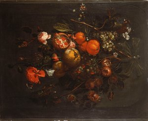 En bukett med frukt og blomster hengende fra en spiker i en nisje av Cornelis de Heem