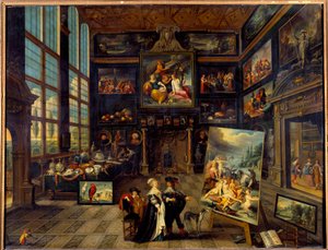 Innvendig visning av et galleri med malerier og kunstverk Maleri av Cornelis de Baellieur (1607-1671) 1637 Søn. 0,99x1,23 m
