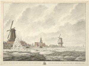 Utsikt over isens topp, på og mot brystningen bak Runmolen i Gorinchem, 20. februar 1799 av Cornelis de Jonker