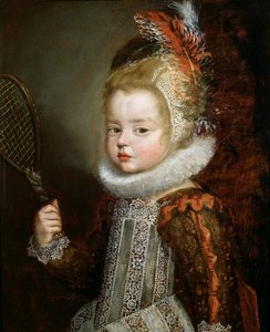 Et portrett av et barn som holder en racket (olje på panel) av Cornelis de Vos