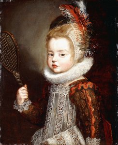 Portrett av en jente, halv lengde, med en tennisracket