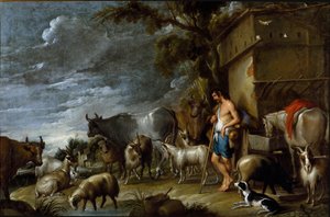 Maleri av Cornelis De Wael (1592-1667), rundt 1630-1639. flamsk kunst. Historien om den fortapte sønn: grisenes vakt. Flodholder med gris, belier, geit, ku, geit, hest, hund og sau. Olje på lerret. Mål: 57x86cm. Privat samling, Genes
