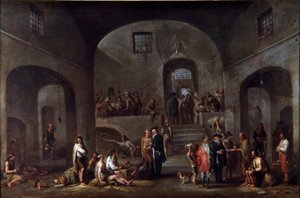 De syv verkene til korporal misericorde: "" fangenes besøk"" Maleri av Cornelis De Wael (1592-1667) (ec.flam) Gener, samling Banco di Chiavari av Cornelis de Wael