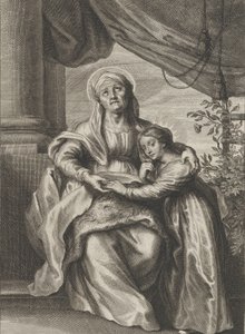 Jomfruens utdannelse, med Saint Anne sittende på en benk og ser oppover og ..., ca. 1645-78. av Cornelis van Caukercken