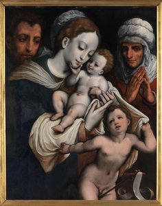 Hellig familie med Elisabeth og døperen Johannes (olje på panel) av Cornelis van Cleve