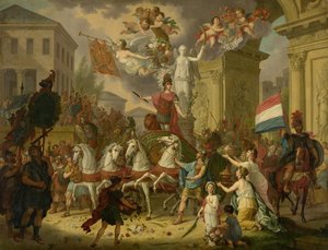 Allegori om triumftoget til prinsen av Orange, den fremtidige kong Willem II, som helten fra Waterloo, 1815 av Cornelis van Cuylenburgh (II) (signed by artist)
