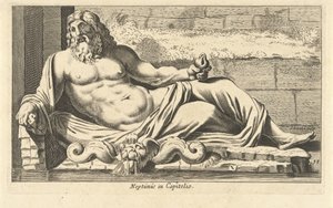 Statue av Neptun ved fontenen på Capitol i Roma Neptun i Capitolio (tittel på objekt) Eigenlyke-skildringer av hundre av de mest kjente statuene eller antikke statuene, stående i Roma (serietittel) av Cornelis van Dalen (I)