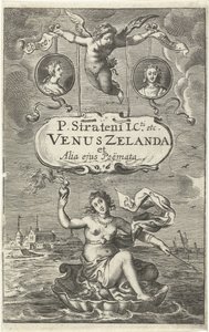 Venus op schelp met brandend hart en pijl drijft voor kust van Zeeland, daarboven twee medaillons met portretten van Cloës en Blondae en cartouche met titel vastgehouden door Amor Titelpagina voor: Venus Zelanda et alia ejus Poëmata, Den Haag 1641 Venus    av Cornelis van Dalen (I)