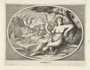 Kvinnelig personifisering av kontinentet Amerika som en kvinne med fjærhodeplagg og en pil i et landskap Amerika (tittel på objekt) av Cornelis van Dalen (II)