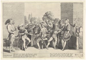 Adelsmenn rundt et rikt dekket bord