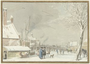 Frossen bykanal med skatere av Cornelis van Noorde