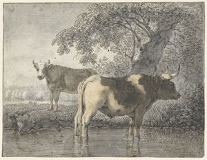 To kyr under et tre ved vannet av Cornelis van Noorde