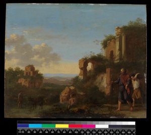 Landskap, med Abraham og Isak, før 1667 (olje på kobber)