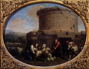 Hyrder, flokker og bønder ved en fontene i Roma (olje på lerret)