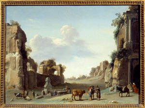 Fantastisk utsikt over Campo Vaccino i Roma med to esler Maleri av Cornelis van Pelenburgh (1596-1667) av Cornelis van Poelenburgh or Poelenburch