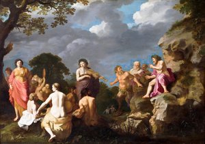 Musikalkonkurransen mellom Apollo og Marsyas av Cornelis van Poelenburgh or Poelenburch