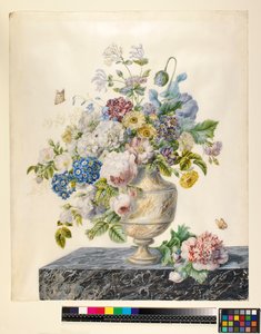 En marmorvase med blandede blomster på en marmorhylle, ca. 1800