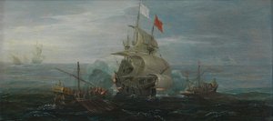 Et fransk skip og barbariske pirater, ca. 1615 (olje på eikepanel) av Cornelius Bol