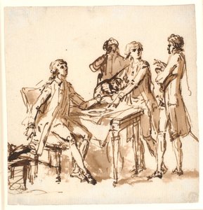 Fire menn rundt et bord diskuterer et prosjekt. av Cornelius Høyer