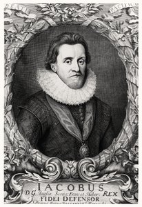 Portrett av James I, konge av Storbritannia, gravert av R.White, 1669 av Cornelius I after Johnson