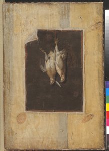 Trompe l'Oeil. Bordskillevegg med et stilleben av to døde fugler hengende på en vegg