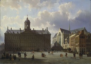 Dam-plassen med det kongelige palasset, Amsterdam, 1855 av Cornelis Springer