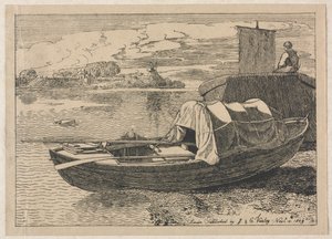 Båter på en elv, vindmølle i avstand av Cornelius Varley