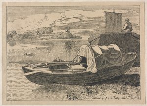 Båter på en elv, vindmølle i avstand, 1809. av Cornelius Varley