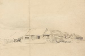 Gårdsbygninger med stabelmakere av Cornelius Varley