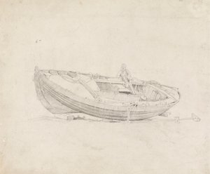 Studie av fortøyd båt med sittende figur av Cornelius Varley