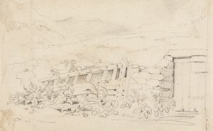 Studie av en steinmur og en port av Cornelius Varley