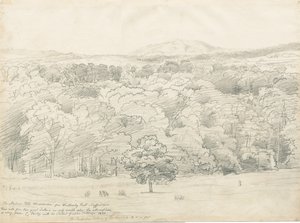 Wrottesley Hall - View of Malvern Hills: blyanttegning, 1820 av Cornelius Varley